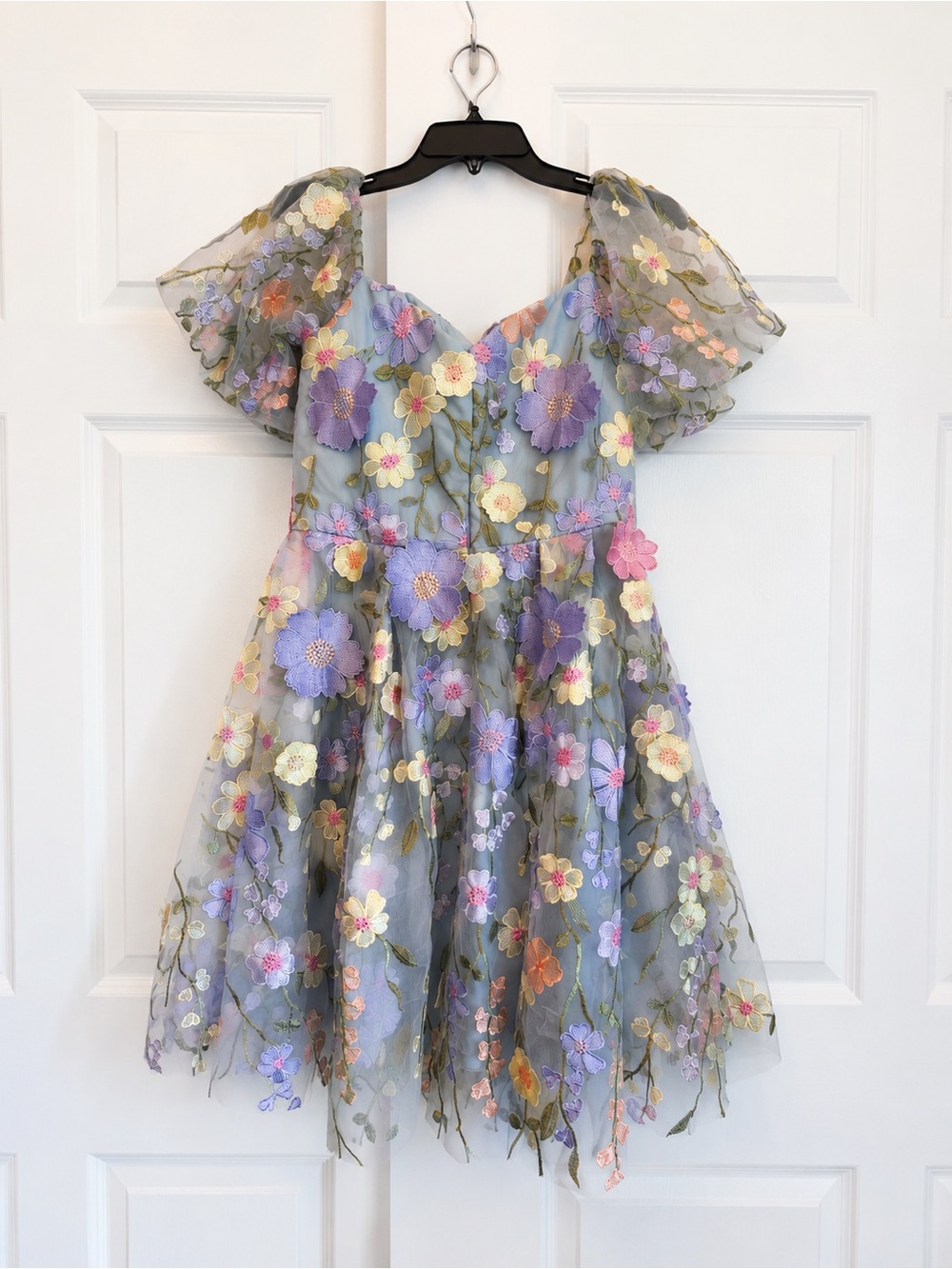 NWT AW Bridal Blue Floral Embroidered Tulle Mini Dress Puff Sleeve Size 12